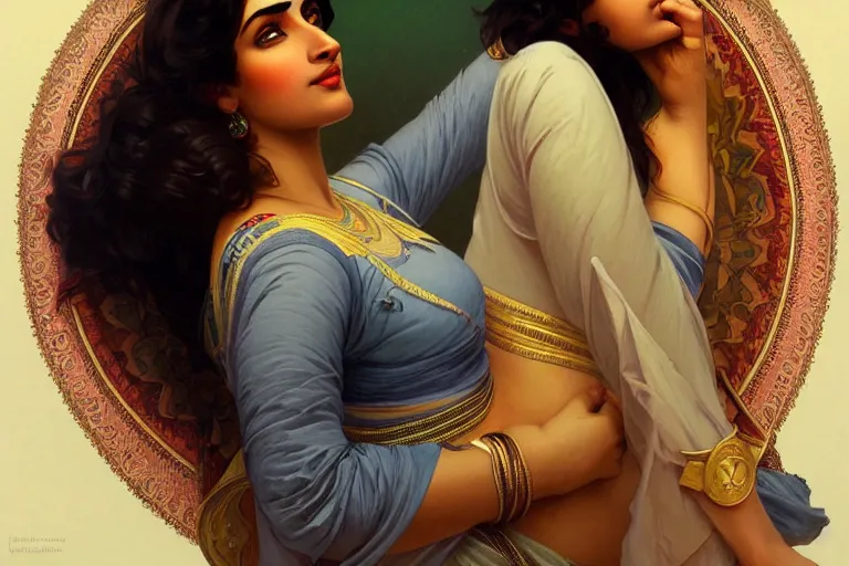 Image similar to sensual pale beautiful indian doctor in jeans, art deco portrait, elegant, intricate, digital painting, artstation, concept art, smooth, sharp focus, illustration, art by artgerm and greg rutkowski and alphonse mucha