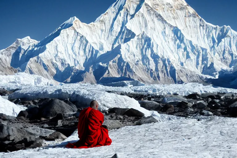 Image similar to cinematography a monk meditating in front of Mount Everest by Emmanuel Lubezki