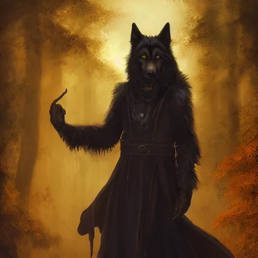 Prompt: furry anthro digital art of an anthropomorphic fluffy black wolf magician sorcerer man wearing a yellow cloak standing in the forest hands on his hips Greg Rutkowski masterpiece portrait