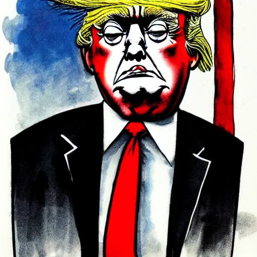 Image similar to : trump looking sad, political cartoon, style of Ralph Steadman