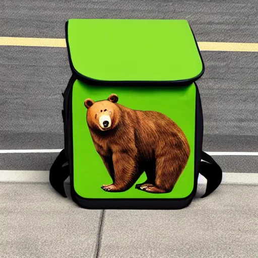 Image similar to big realistic bear standing on two legs, wearing big green bag at his bac, square backpack, photo realistic, high detail, smooth