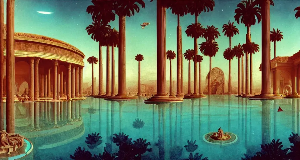 Image similar to a large tiled swimming pool with many palm trees surrounded by roman architecture columns and statues, underneath a star filled night sky, harold newton, zdzislaw beksinski, donato giancola, warm coloured, gigantic pillars and flowers, maschinen krieger, beeple, star trek, star wars, ilm, atmospheric perspective