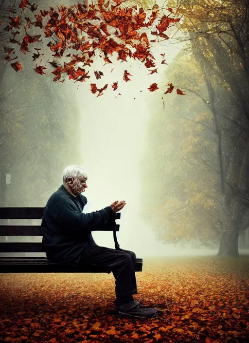 Image similar to man into leaves. conceptual photography portrait of an old man on a park bench falling apart into leaves, autumn tranquility, forgetfulness, fading to dust and leaves, oblivion, inevitability, aging, surreal portrait, moody, by tom bagshaw, hopeless, 4 k