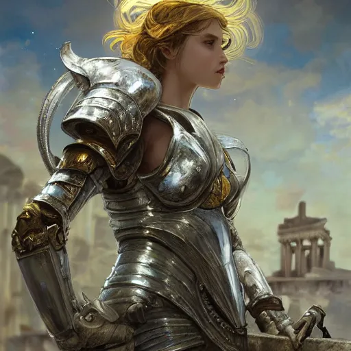 Image similar to portrait knights of Zodiac girl, silver and ice color reflected armor, in ruined Agora of Athens, ssci-fi, fantasy, intricate, very very beautiful, elegant, golden light, highly detailed, digital painting, artstation, concept art, smooth, sharp focus, illustration, art by tian zi and WLOP and alphonse mucha