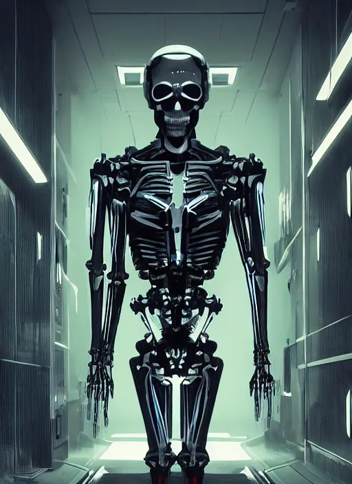 Prompt: skeletal black mecha walking down white marble hallway, Skeletal face android face one eye. mecha (carbon fiber) long limbs black panels reflective. Skeletal face android face one eye ((glowing_red_eye)) RTX On UE5 Artstation Bladerunner_2049_scene!!!!!! Cyberpunk 2077 bladerunner2049!!! bladerunner!!! Tom Bagshaw and Greg Rutkowski and Alphonse Mucha