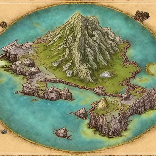 Image similar to an isometric fantasy map, the land of Odrua, uncluttered, bordered by ocean, continent with mountains lakes hills and cities, by brian froud by jrr tolkien in the dungeons and dragons and disney styles