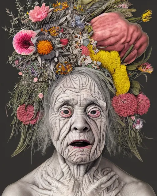 Prompt: a portrait of a surprised, fleshy old woman covered in flowers in the style of guiseppe arcimboldo and james jean, covered in wispy gray hair with a hint of neon, hd 3 d, highly detailed and intricate. centred in image.