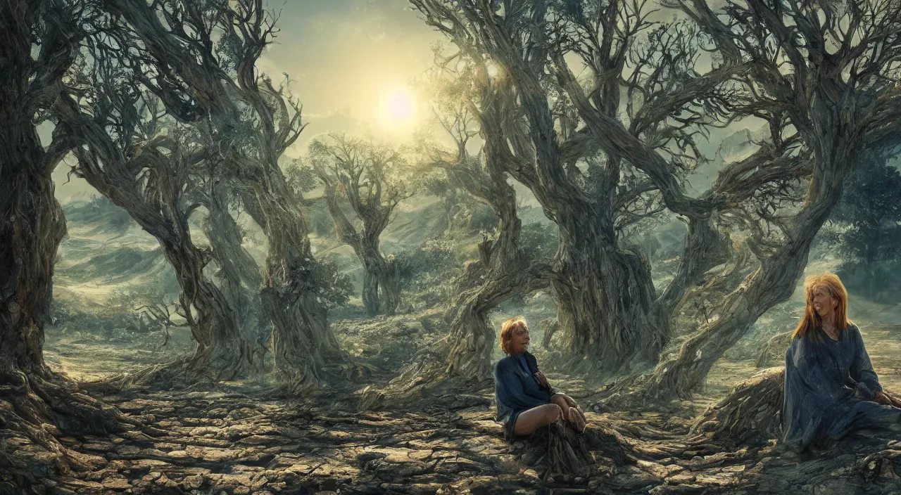 Prompt: Tree-like giant 65-year-old giant Gaia Goddess shedding one emotionless tear as she sits on a dried up river in a desolate land, blue sky, hot and sunny, highly-detailed, elegant, dramatic lighting, artstation, 4k, cinematic landscape