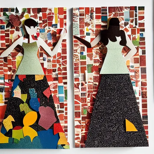 Image similar to paper collage art made of cut up magazines depicting two women holding hands in a forest