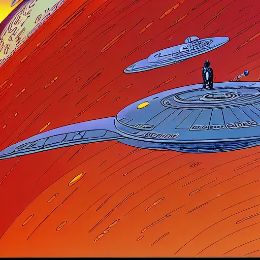 Image similar to the crew of the enterprise - d on the style of jean giraud moebius