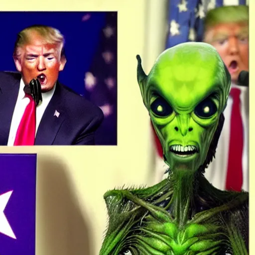 Prompt: A photo of donald trump with an alien in the woods