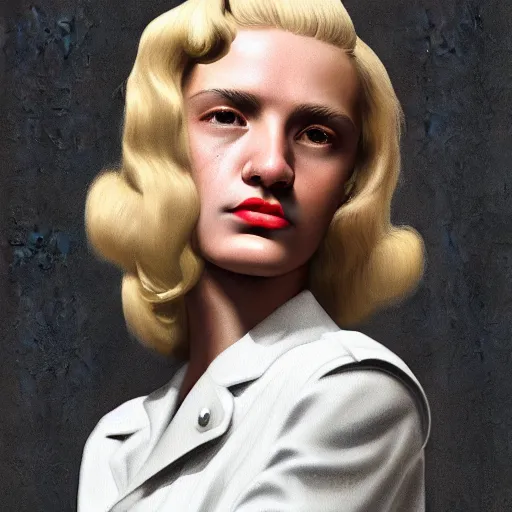 Image similar to A Hearts of Iron IV portrait of a blond young Spanish fashion designer with high cheekbones. Good bone structure. Dressed in 1940s style. Highly detailed, fine Art, high detail, great lighting, 8k resolution, masterpiece, concept art, illustration, clear eyes, painting oil on canvas, octane render, HDR, trending on artstation, 4k, 8k, HD