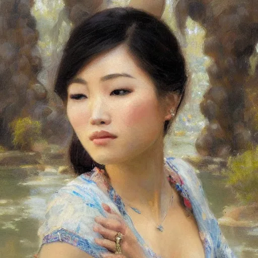 Image similar to elegant asian woman by the river, detailed face, correct face, painting by Gaston Bussiere, Craig Mullins