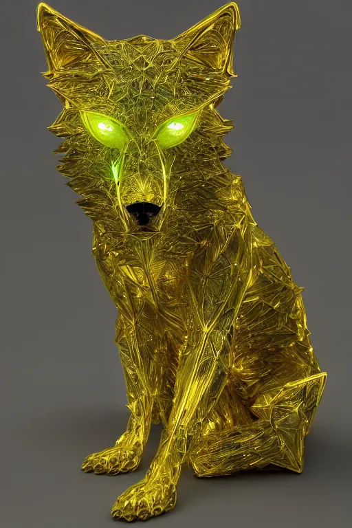 Image similar to portrait, gorgeous peridot gemstone, semi - transparent, wolf statue with gold filigree, inner glow, shiny, hd, octane render, 8 k