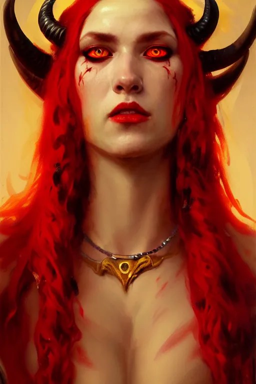 Prompt: painted close - up portrait of a attractive red - skinned intimidating demon girl with ram horns. oil painting, wearing a noblewoman's outfit, fantasy art by greg rutkowski and john singer sargent and gaston bussiere and greg rutkowski, demon noble character design, hd