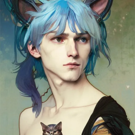 Image similar to Portrait of a pretty fantasy catboy with blue hair and cute small cat ears. Art by Greg Rutkowski and Alphonse Mucha