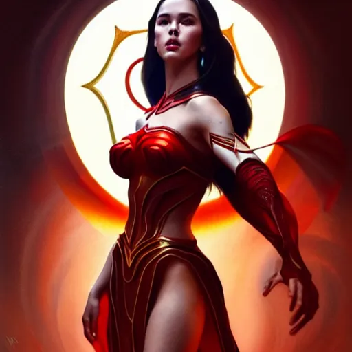 Image similar to catriona gray as darna, volumetric lights, red and cyan theme, art nouveau botanicals, intricate, highly detailed, digital painting, artstation, concept art, smooth, sharp focus, cinematic, illustration, beautiful face, art by artgerm and greg rutkowski and alphonse mucha