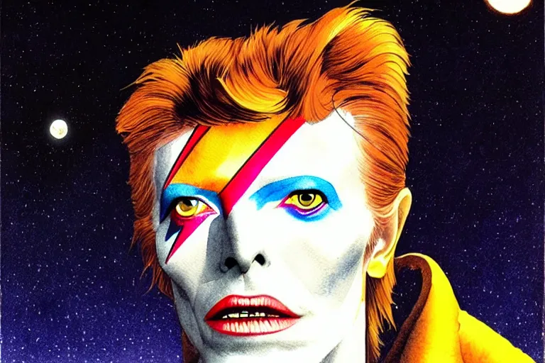 Image similar to a hyperrealist watercolour character concept art portrait of david bowie on a full moon well lit night in las vegas. a ufo is in the background. by rebecca guay, michael kaluta, charles vess and jean moebius giraud