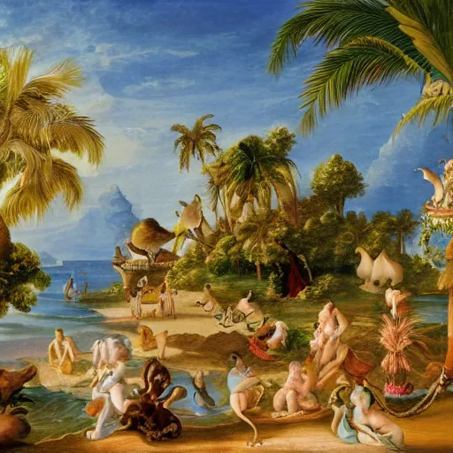 Image similar to tropical beach paradise, rococo art style, animals and birds, highly detailed