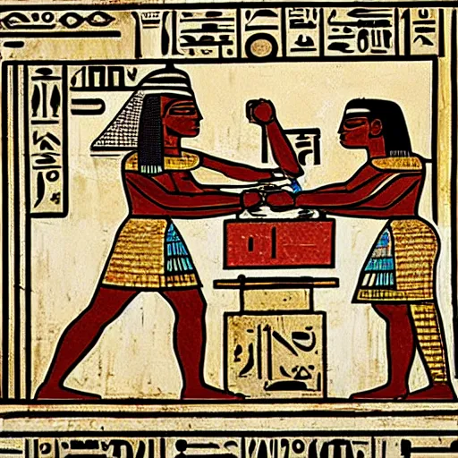 Prompt: angry man smashing computers in public in ancient egypt art style