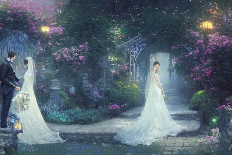 Prompt: a beautiful picture of a bride and a groom, blue roses garden, by greg rutkowski and thomas kinkade, trending on artstation