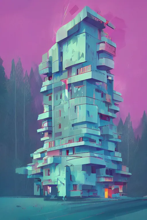 Image similar to an illustration of a post - modern building in the woods, trending on artstation, central composition, very cartoon, shape focus, high detailed, by anton fadeev