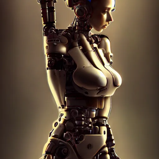 Image similar to Mechanical Cyberpunk Female Android, Upper-torso, intricate, elegant, super highly detailed, professional digital painting, artstation, concept art, smooth, sharp focus, no blur, no dof, extreme illustration, Unreal Engine 5, Photorealism, HD quality, 8k resolution, cinema 4d, 3D, beautiful, cinematic, art by artgerm and greg rutkowski and alphonse mucha and loish and WLOP