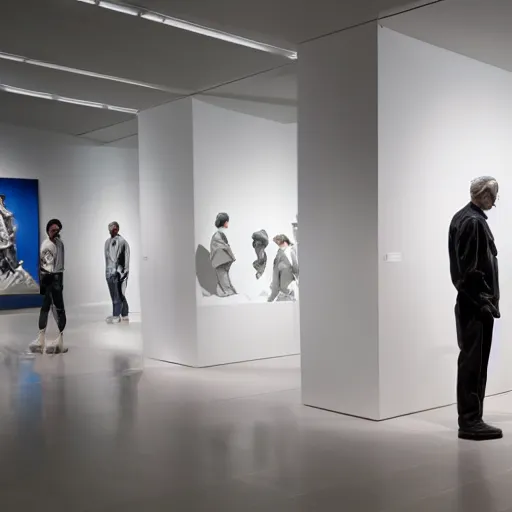 Image similar to perspective altered men stood in an art gallery, staring at a sculpture made by alien jeff koons, hd photorealism, 7 0 mm lens w 1 0 2 4 h 7 6 8