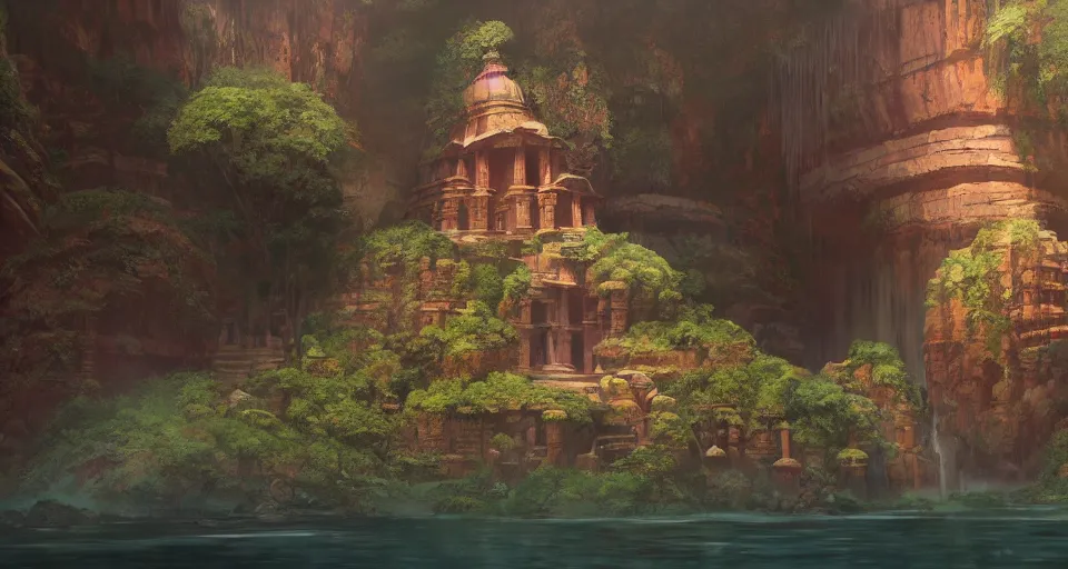 Image similar to indian ancient temple hidden looks like a lotus in a cave waterfalls around, realistic concept art, eytan zana, one pixel brush, by eugene von guerard, ivan shishkin, dramatic lighting, concept art, trending on artstation