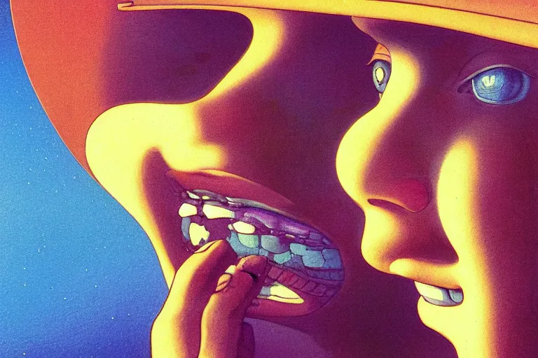 Image similar to a scifi closeup portrait of a young british woman licking a blotter paper of LSD acid on his tongue and dreaming psychedelic hallucinations in cosmos, by kawase hasui, moebius, Edward Hopper and James Gilleard, Zdzislaw Beksinski, Steven Outram colorful flat surreal design, hd, 8k, artstation