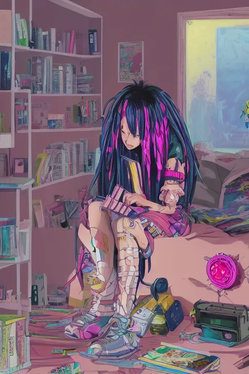 Image similar to concept art painting of an anime cybergoth girl with pink dreads on the floor reading a book in a cluttered 9 0 s bedroom, artgerm, inio asano, toon shading, cel shading, calm, tranquil, vaporwave colors, rendered by substance designer,