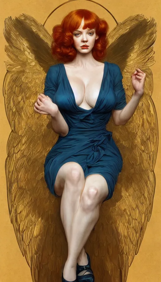 Prompt: Angel, perfectly-centered-painting of young Christina Hendricks in Mad Men, sweaty, dynamic action pose, insane, intricate, highly detailed, digital painting, artstation, concept art, smooth, sharp focus, illustration, Unreal Engine 5, 8K, art by artgerm and greg rutkowski and alphonse mucha