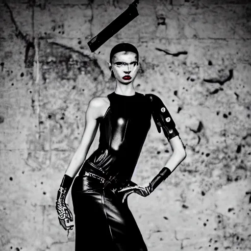 Image similar to fashion photography of an extraterrestrial model, holding a leather whip, wearing demobaza fashion, inside berghain, berlin fashion, harness, futuristic fashion, dark minimal outfit, photo 3 5 mm leica, hyperdetail, berghain, 8 k, very detailed, photo by nick knight