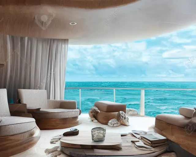 Image similar to A modern living room in a ocean hues style next to a big terrace overlooking the ocean, a luxurious wooden coffee table with large seashells on top in the center, amazing detail, 8k resolution, inspired by the ocean, calm, relaxed style, harmony, wide angle shot