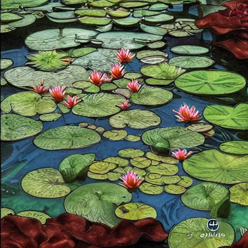 Prompt: big waves in a small lily pond, intricate, elegant, highly detailed, smooth, sharp focus, detailed face, high contrast, dramatic lighting, graphic novel, art by Ardian Syaf and Michael Choi