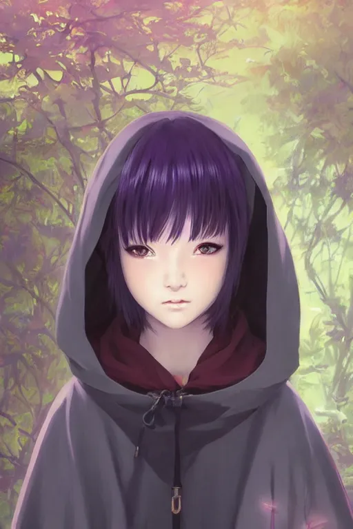 Image similar to portrait Anime girl in cloak, cute-fine-face, violet-hair pretty face, realistic shaded Perfect face, fine details. Anime. Three quarter shot. realistic shaded lighting by Ilya Kuvshinov katsuhiro otomo ghost-in-the-shell, magali villeneuve, artgerm, rutkowski, WLOP Jeremy Lipkin and Giuseppe Dangelico Pino and Michael Garmash and Rob Rey and Yoshitaka Amano and Thores Shibamoto