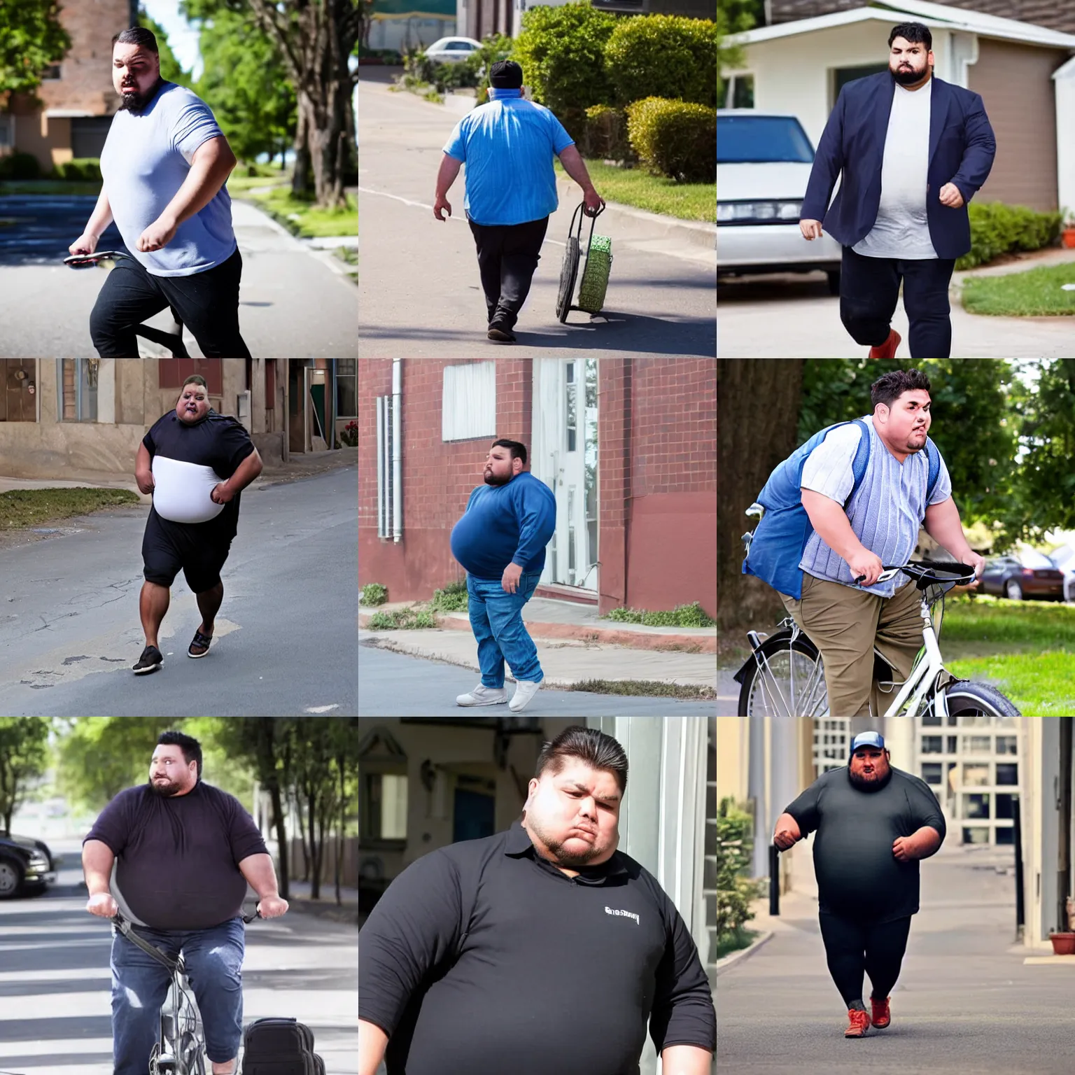 Prompt: very fat, strong jawed, handsome man on his way to collect rent from his tenants