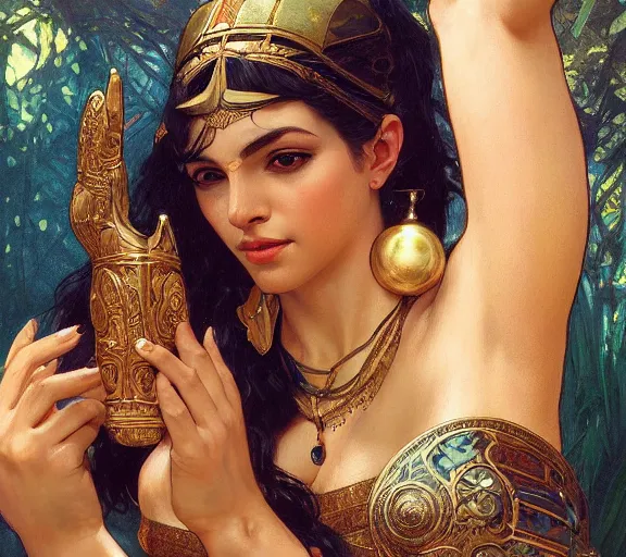 Prompt: photography of sensual cleopatra with hands - up, deep focus, intricate, elegant, highly detailed, digital painting, artstation, concept art, matte, sharp focus, illustration, art by artgerm and greg rutkowski and alphonse mucha and gil elvgren