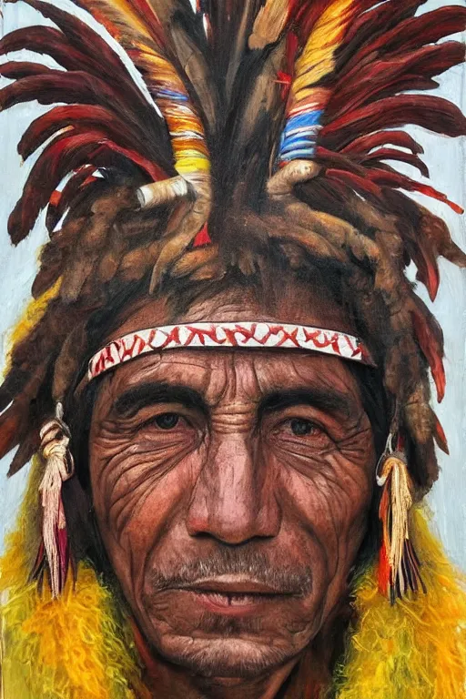 Image similar to Portrait Paintings of a South American Shaman in the style of Luis Tamani