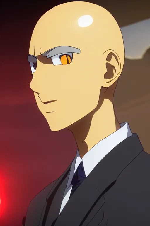 Image similar to side profile, saitama, young bald man, yellow buisness suit, red gloves, looking down, 8k, ultra detail, anime, full body shot