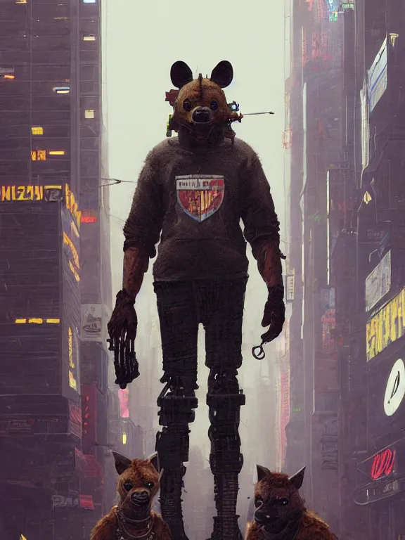 Image similar to new york city portrait of furry anthro anthropomorphic spotted hyena head animal person fursona wearing clothes strange cybernetic muzzle gloomy rainy screenshot from the video game cyberpunk 2077 digital art by Greg Rutkowski, Simon Stalenhag, christopher nolan trending on Artstation, CGSociety