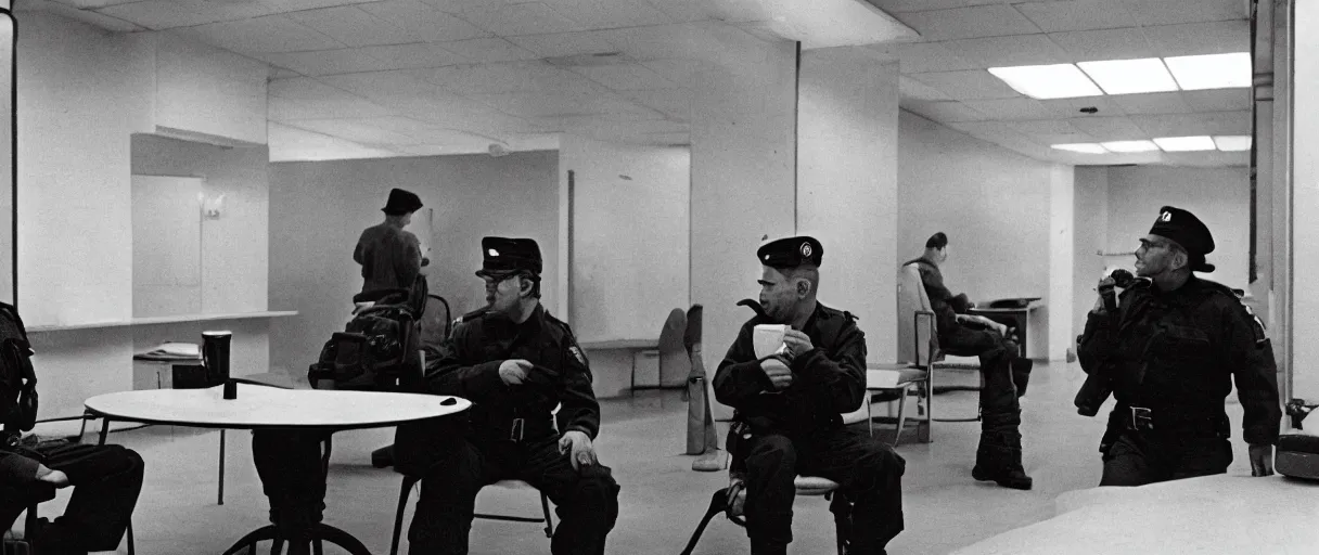 Image similar to filmic wide shot movie still 4 k hd interior 3 5 mm film color only photograph of two armed guards sitting down and talking in a break room in a military base, in the style of the horror film the thing 1 9 8 2