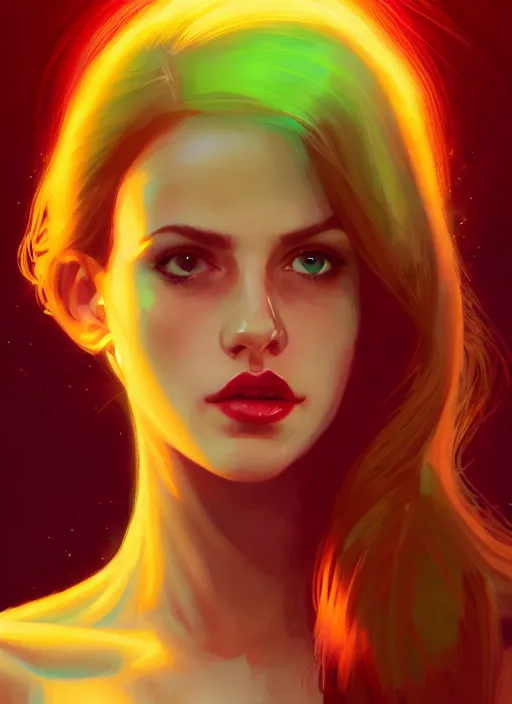 Image similar to full body portrait of teenage cheryl blossom, bangs, green eyes, mischievous expression, red hair, sultry smirk, bangs and wavy hair, intricate, elegant, glowing lights, highly detailed, digital painting, artstation, concept art, smooth, sharp focus, illustration, art by wlop, mars ravelo and greg rutkowski