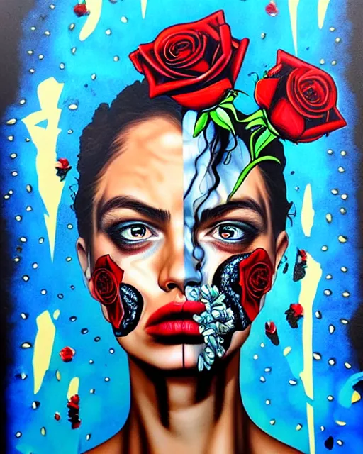 Prompt: split faced person holding pistol and roses in a deep sea with intricate details by Sandra Chevrier with half image