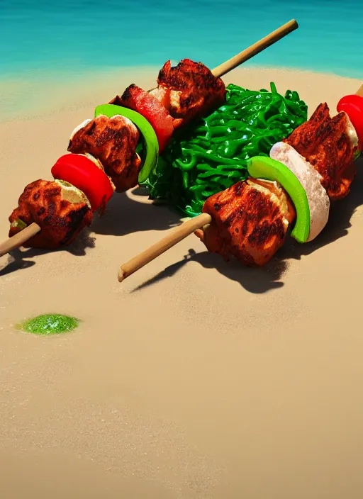 Image similar to kebab in batter on the beach with red water and green sand, ultra detailed, trending on artstation, concept art, octane render, unreal engine,