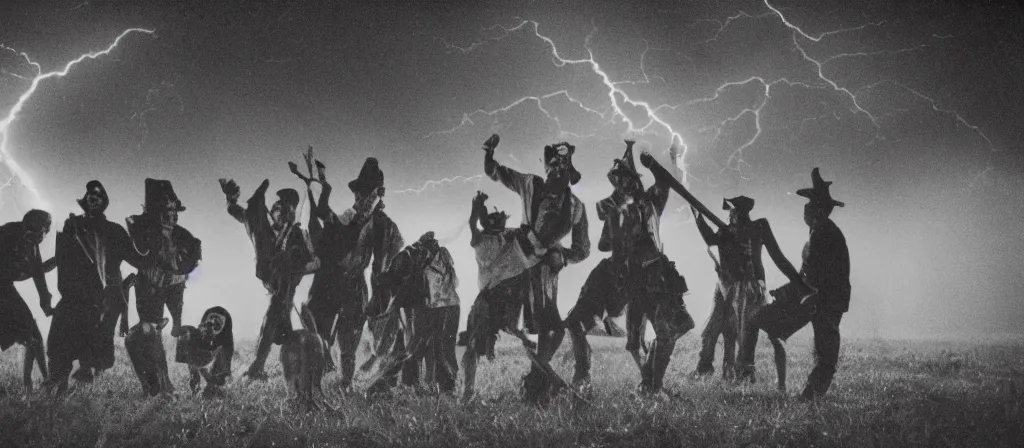 Image similar to 1 3 mm film photograph of a group of clowns in a field holding machetes, liminal, dark, thunderstorm lightning, dark, flash on, blurry, grainy, unsettling