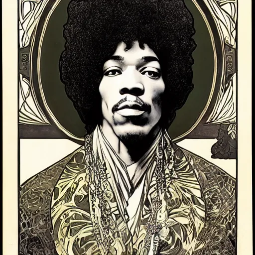 Prompt: artwork by Franklin Booth and Alphonse Mucha showing a portrait of Jimi Hendrix