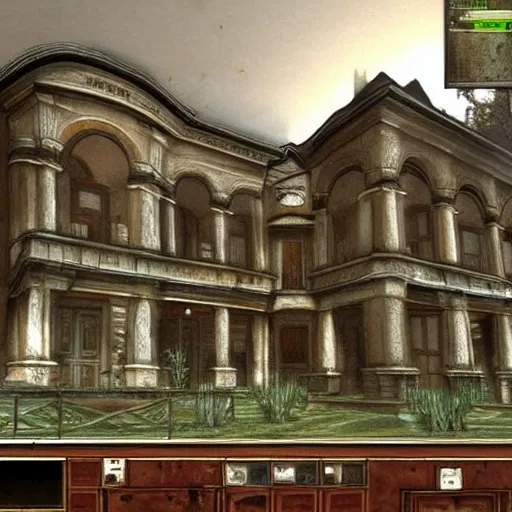 Image similar to Mansion from Counter Strike game, painting by Michelangelo