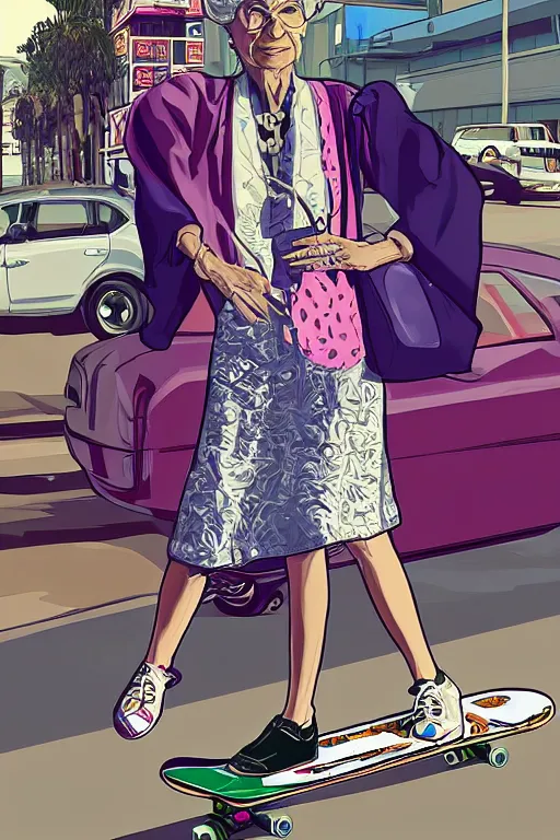 Image similar to a portrait of a fashionable gran on a skateboard in los angeles, in the style of gta waiting screen