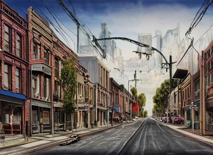 Prompt: north melbourne street, lowbrow, cables, matte painting, 3 - d highly detailed, in the style of mark ryden